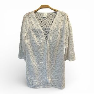 White Lace Boho Swim Cover Up Tunic Dress Tassel Front Size S